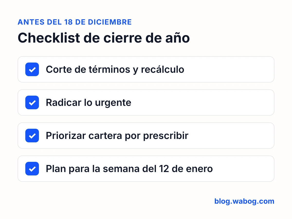 Checklist para preparar la vacancia judicial 2026 en un despacho o casa de cobranza